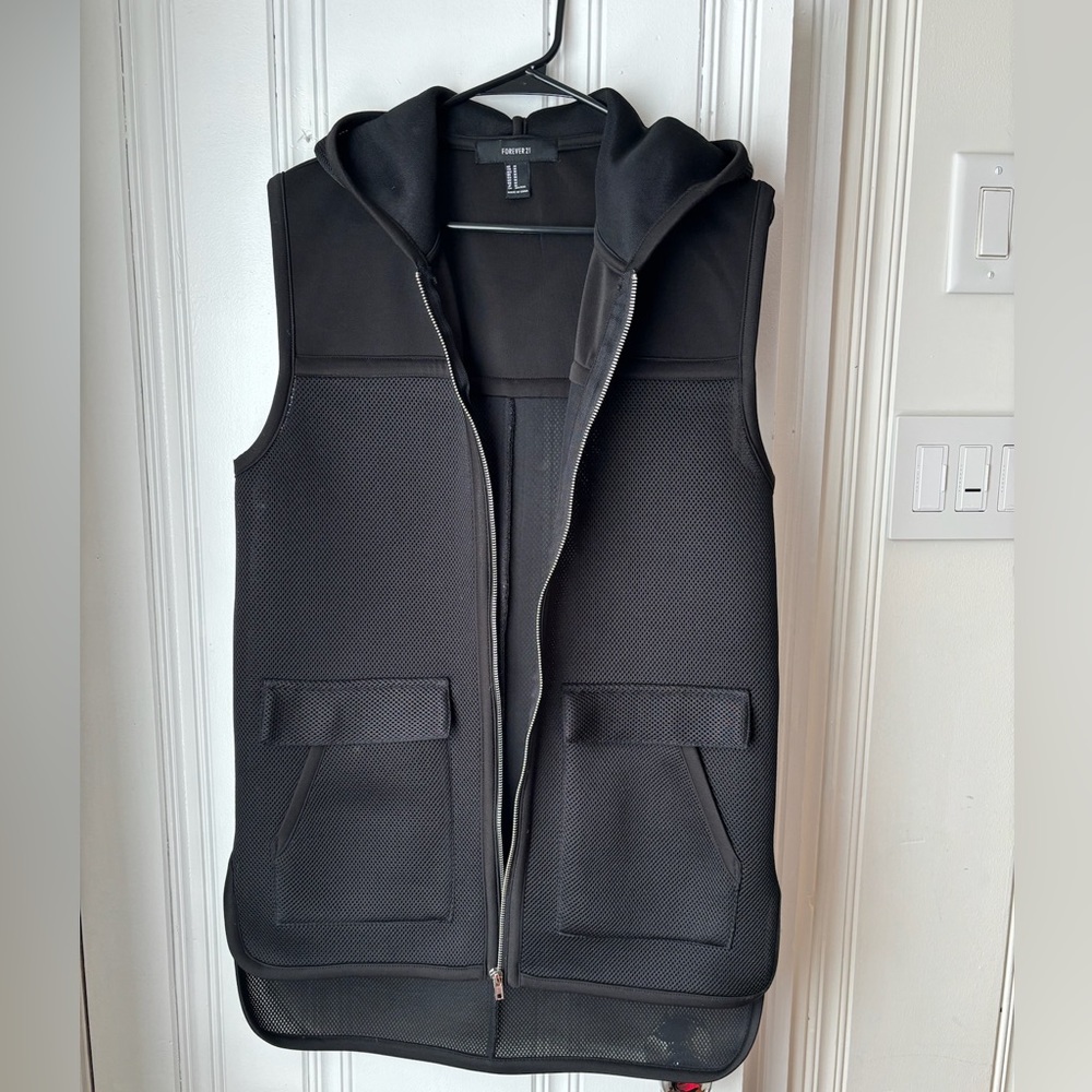 Forever 21 Mesh Long Black Vest with Hood
